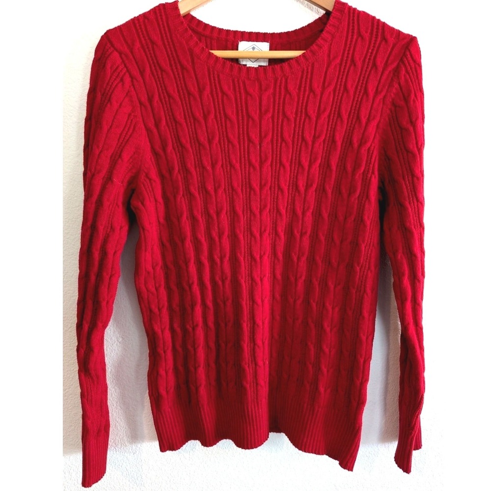 St Johns Bay Red Cable Knit Sweater Womens PL Cotton Classic Cozy Pullover